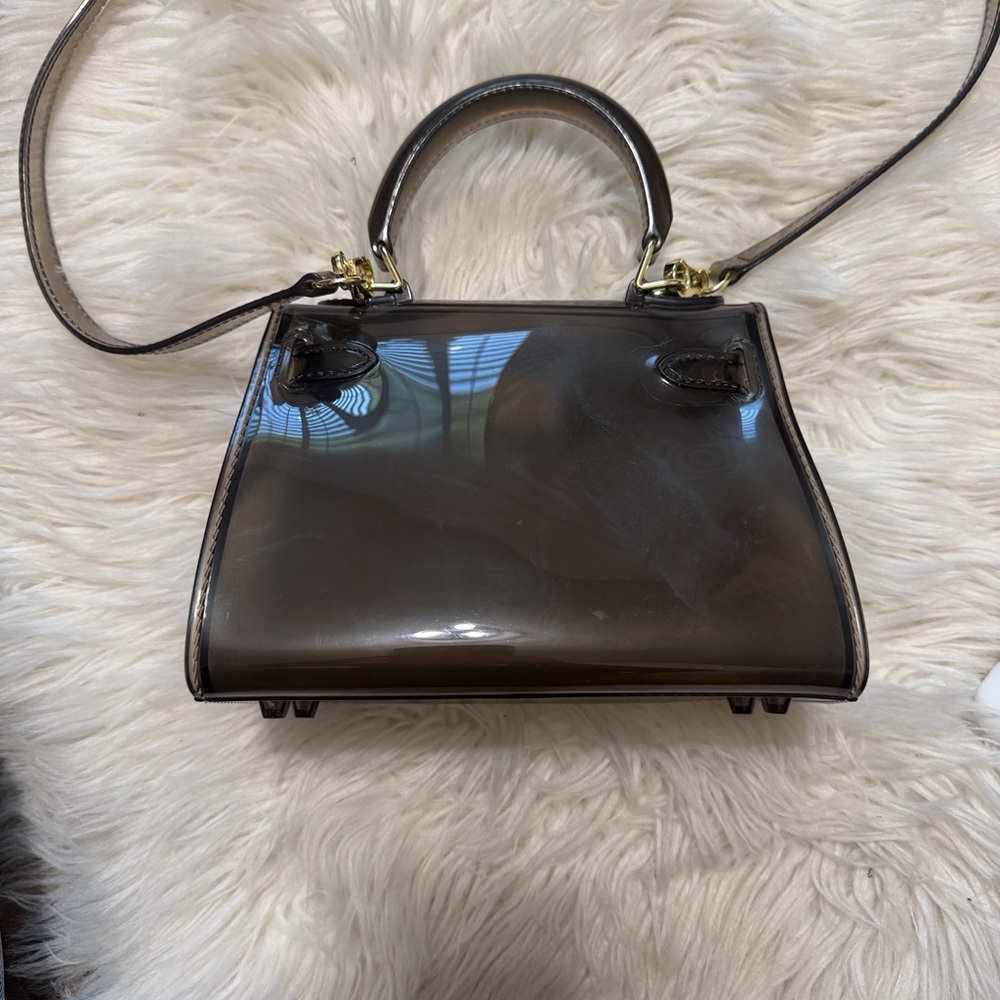 Clear Black Vinyl Crossbody Bag with White Script and Top Handle - Picture 7 of 12